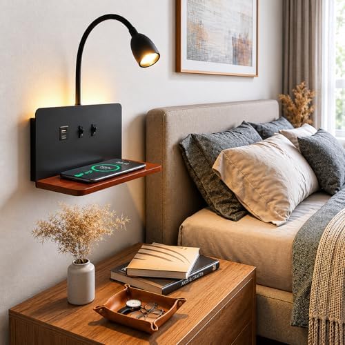Bedside Wall Sconce with Wireless Charging Station & USB Charging, 3 Adjustable Color Temperatures LED Reading Light, 3000K Warm Ambient lighting Wall Mounted Sconce for Bedroom, Plug-in or Hardwired