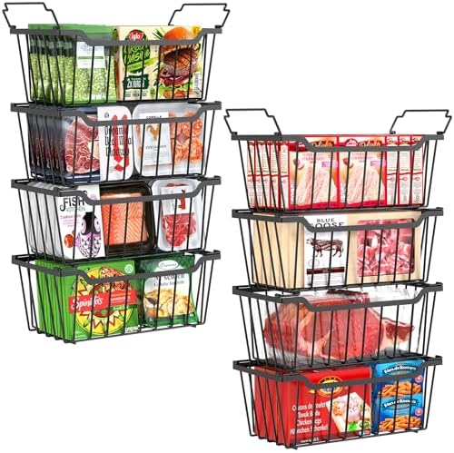 SUNALLY Freezer Organizer Bins, 8 Pack Stackable Pantry Storage Bins, Black