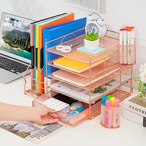 Marbrasse Rose Gold Desk Organizer with File Holder, 5-Tier Paper Letter Tray Organizer and Drawer, Mesh Desktop Storage with Magazine Holder for Office Supplies
