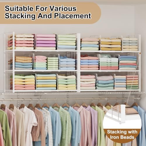 2-Pack Closet Organizers Stackable Clothing Storage Shelves, Expandable Clothes Shelf with Adjustable Divider Keeps Jeans Shirts Sweaters T-Shirts Tidy, for Bedroom RV Wardrobe System, White