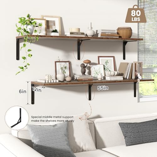 Fun Memories Rustic Brown 12 Inch Deep Floating Shelves Set of 2, Wall Mounted Shelf with Metal Brackets, Rustic Wood Wall Shelf for Bathroom, Kitchen and Living Room, Rustic Brown, 55W x 12D