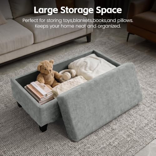 GENTEACO 45" Ottoman Coffee Table with Storage, Reversible Wooden Tray Top, Large Chenille Upholstered Ottoman, Hidden Storage Foot Rest Bench for Living Room, Bedroom, Entryway,Light Gray