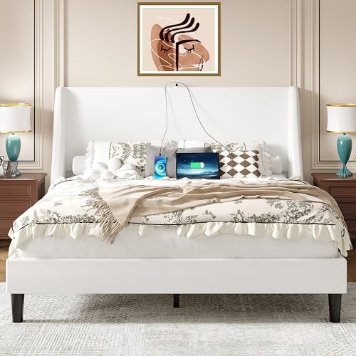 VECELO Queen Bed Frame with Upholstered Wingback Headboard, Heavy-Duty Platform Bedframe with Charging Station, Wooden Slats, No Box Spring Needed, White