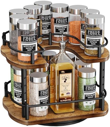 SNTD Lazy Susan Spice Rack Organizer for Cabinet, Wood, Vintage, 9 in | Rotating Turntable, Height Adjustable, Space-Saving D-Shape Design, Revolving Spice Storage for Kitchen Countertop Pantry