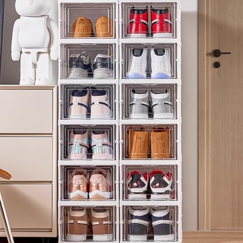 Foldable Shoe Rack,No Assembly Stackable Shoe Storage Box with Doors,Free Standing Plastic Space Saving Shoe Cabinet Bins Dustproof,Folding Shoe Box Organizers (6 Tier-6 Pairs White)
