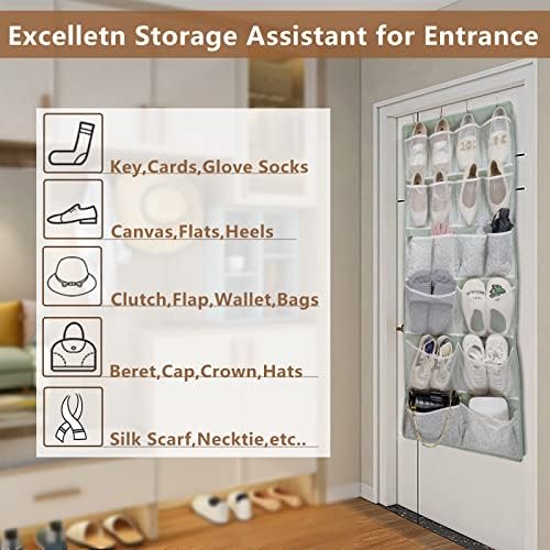 18 Pockets Over the Door Organizer with 4 Kind Pockets,Behind Door Shoes Rack,Back of Closet Storage Organization for Socks,Hat,Underwear,Luggage Packing,Hanging Holder Shelf in Home Dorm,Travel,Green