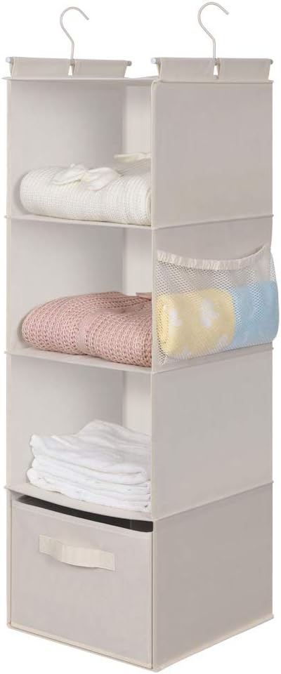 MAX Houser 4-Shelf Hanging Closet Organizer, Space Saver, Cloth Hanging Shelves with 2 Side Pockets, Foldable (Beige) | Foldable Fabric Hanging Shelves for Closet, Cloth Hanging Shelves with 2 sturdy hanging hooks, Small Space Saver