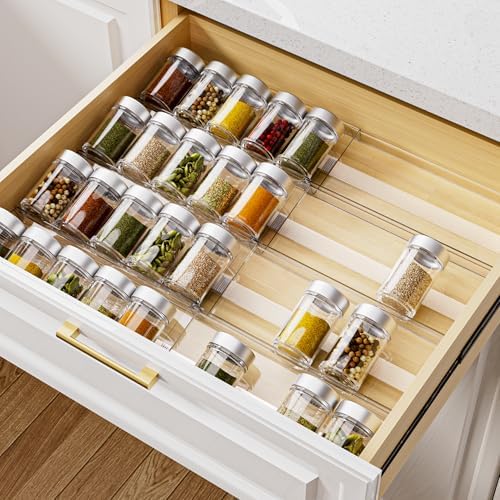 MIUKAA Acrylic Spice Drawer Organizer, 4 Tier - 8 Pack Seasoning Organizer for Drawer, Expandable From 13" to 26" Kitchen Drawer Spice Rack with Slip-Proof Mat (Jars not Included)