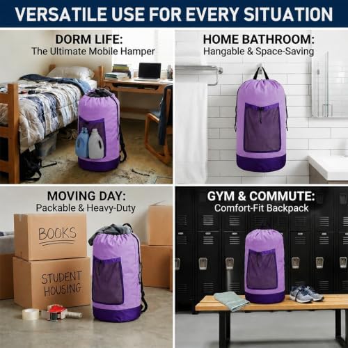 Backpack Laundry Bag, Durable polyster Laundry Backpack Bag with Shoulder Straps, Drawstring Closure & Mesh Pocket, Large Clothes Hamper for Dorm, Travel, Laundromat (Purple)