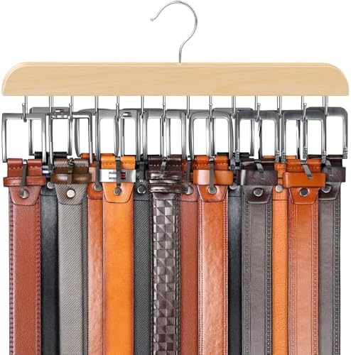Belt Organizer with 14 Hooks, Sturdy Wood Belts Rack Closet Accessories