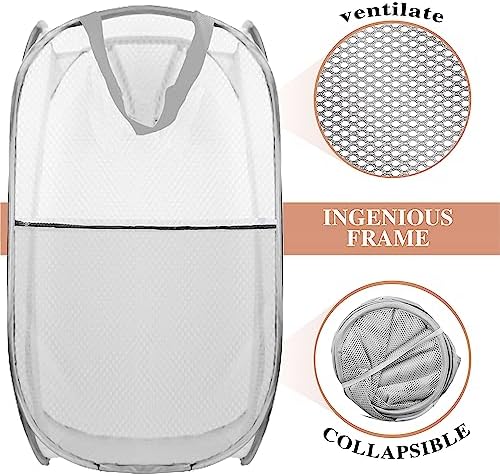 Collapsible Pop Up Laundry Hamper, Extra Large Mesh Foldable Laundry Basket, 28" x 16" x 16", 2 Pack (Black + Grey)