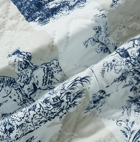 Brilliant Sunshine Blue Toile Couch Cover, Quilted X-Large Sofa Slipcover, 78" Seat Width, Slip Resistant Furniture Protector, 2" Strap, Washable Couch Cover for Pets, Kids, Dogs, Cats, Blue Beige