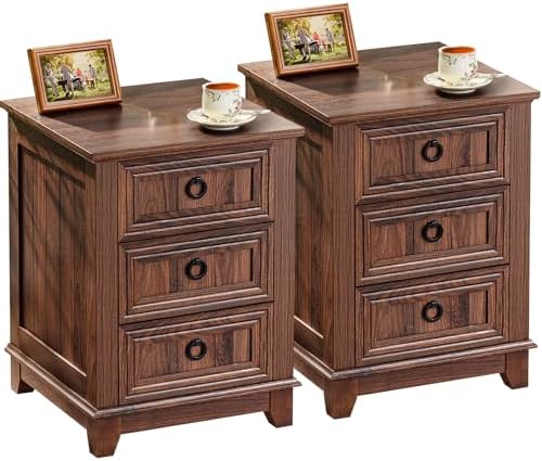 Joaxswe Farmhouse Nightstand Set 2, 18'' End Table | Sofa Bed Side Table with 3 Drawers, Brown Night Stand Cabinet for Organizer Bedroom Living Room