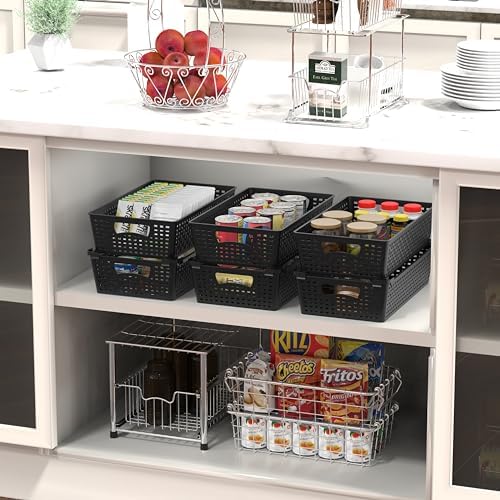 Simple Houseware Stackable Plastic Woven Basket Organizer, 6 Pack, Black