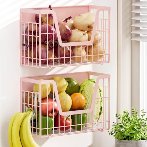 Pink Magnetic Shelf for Fridge, 2 Set Magnetic Fruit Baskets for Refrigerator Magnet Shelves, Potato and Onion Storage Bins, Magnet Holder Wire Basket for Laundry Room Pantry Kitchen Organizer