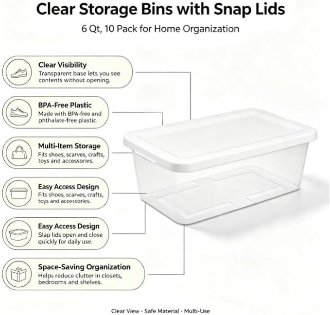 10-Pack 6-Quart Clear Plastic Storage Boxes with Snap-on Lids, White
