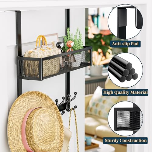 Consumest Over The Door Hooks Organizer - 2 Tier Over Door Hanger with 16 Hooks & 2 Baskets for Hanging Coat, Clothing, Towel, Back Storage for Bathroom, Closet, College Dorm, Black