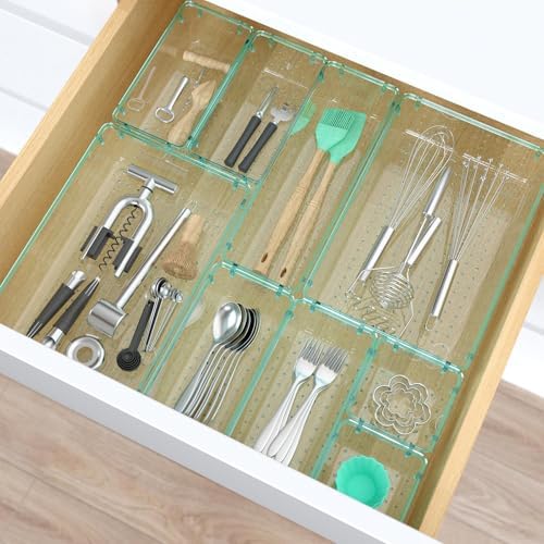 StorMiracle 28 PCS Clear Plastic Drawer Organizers Set, 4 Size Desk Drawer Organizer Trays for Makeup, Jewelry, Kitchen Utensils, Gadgets and Office Accessories, Sea Blue