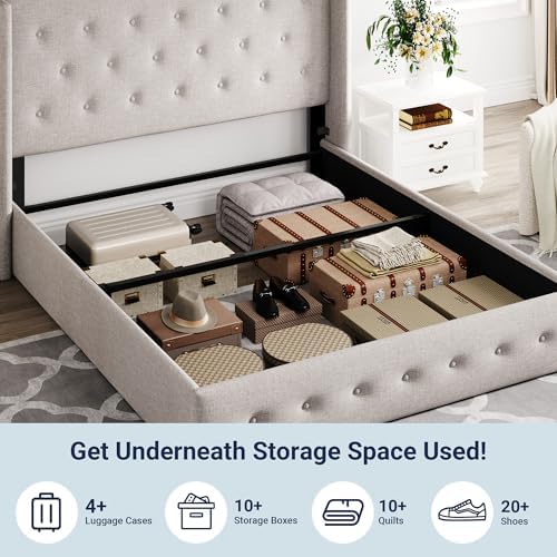 Allewie Queen Size Lift Up Storage Button-Tufted Bed Frame Light Beige
