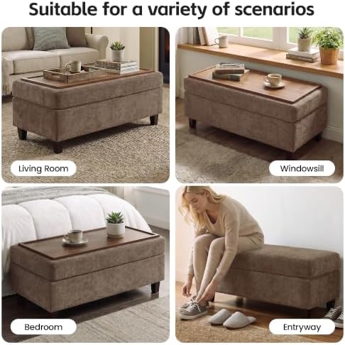 GENTEACO 45" Ottoman Coffee Table with Storage, Reversible Wooden Tray Top, Large Chenille Upholstered Ottoman, Hidden Storage Foot Rest Bench for Living Room, Bedroom, Entryway,Brown