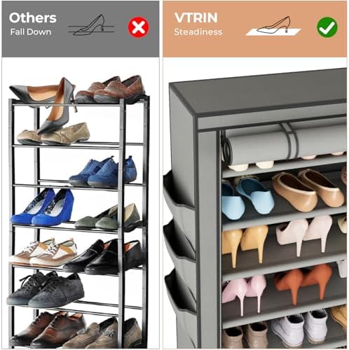 VTRIN Vertical Narrow Shoe Rack Organizer Tall Shoe Rack for Closet Entryway 10 Tier Non-Woven Cover Shoe Shelf Holds 36-41 Pairs Free Standing Shoe Storage Cabinet with Dustproof Cover, Grey