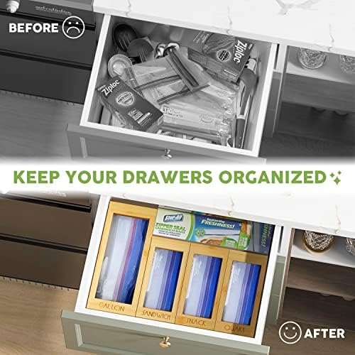 DALSHABET Bamboo Storage Bag Organizer, 4 Separate Food Storage Bags, 12x14 Baggie Organizer Dispenser for All Brands Gallon, Snack, Sandwich & Quart Slider Bags Beige