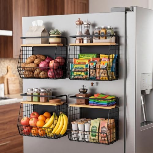 2 Set Magnetic Shelf for Refrigerator with Wood Lid, Fruit Potato & Onion Storage Bins, Pantry Organizers & Storage, Large Container Magnetic Spice Rack for Refrigerator, Kitchen Counter, Cabinet | Strong magnet holds 50lbs, ventilated bin for produce,...