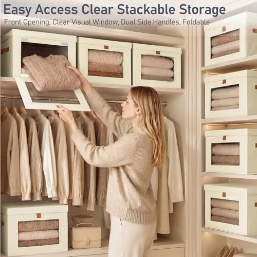 DIMJ Storage Bins with Lids - 6 Pack Front Opening Stackable Fabric Storage Boxes with Clear Window & Handles, Collapsible Closet Organizers for Clothes, Sweaters, Shelf Storage, Bedroom, Beige