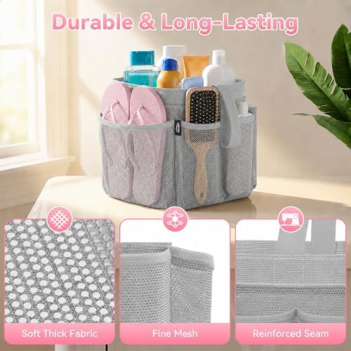 YASONIC Mesh Shower Caddy Portable for Dorm College Room Essentials, 8-Pocket Large Shower Bag with Single Handles, Hanging Shower Basket for Beach, Swimming, Bathroom, Beach, Grey