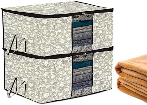 Kuber Industries Underbed Storage Bag | Clothes Storage Organizer | Blanket Cover with Clear Window | Zipper Closure & Handle Cloth Organizer | Flower-Design | Large | Pack of 2 | Black