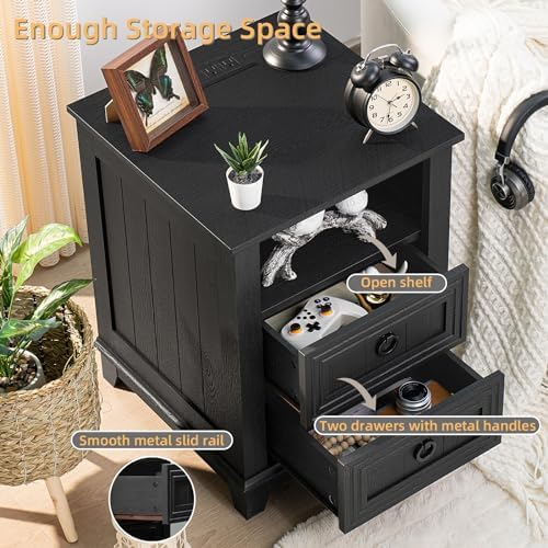 Joaxswe 18" Farmhouse Nightstand with Charging Station & 2 Drawers | Night Stand with Storage, Black Bedside Table w/ 4 Wooden Legs, End Table Bedroom, Bed Side Tables for Living Room, Office