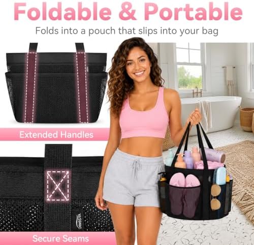 YASONIC Double Handles Mesh Shower Caddy Portable for College Dorm Essentials, 8 Pockets Large Capacity Shower Organizer for Girls, Quick-Dry Hanging Toiletry Bag for Bathroom Travel, Black