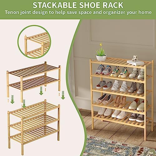 ROMGUAR CRAFT 3 Tier Bamboo Shoe Rack for Closet Free Standing Wood Shoe Shelf Storage Organizer for Entryway Small Space Stackable 27"x11"x20" (Natural) (Pack of 2)