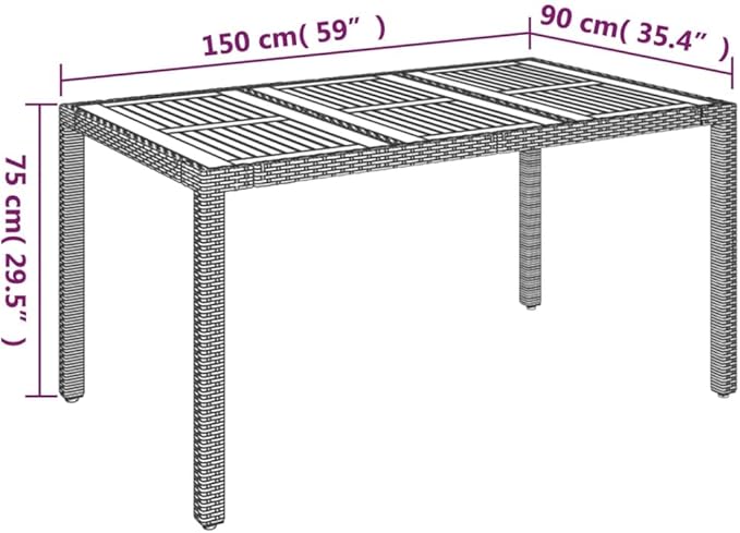 vidaXL Black Poly Rattan Patio Table with Acacia Wooden Top, Weather Outdoor Garden Furniture, Easy Assembly, Durable & Stable, Ideal for Patio, Garden & Outdoor Spaces, Size: 59.1"x35.4"x29.5"