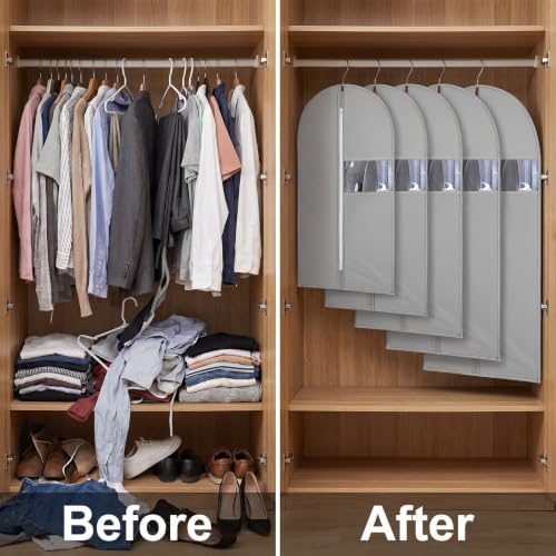 62Inch Garment Bags Covers,Black Hanging Clothes Bag, Suit Cover Bags with Clear Window for Hanging Closet Clothes Storage and Travel (Gray, 62 inch)