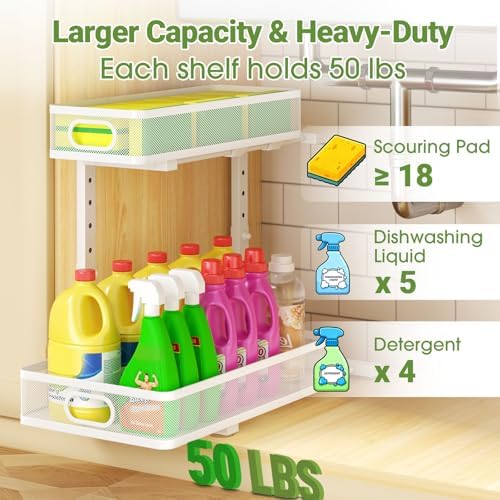 Under Sink Organizer 4-Pack, Metal 2-Tier Pull-Out Cabinet Shelf with Slide-Out Mesh Drawers, Height Adjustable, Space-Saving Storage Racks for Kitchen, Bathroom, Laundry Room, White