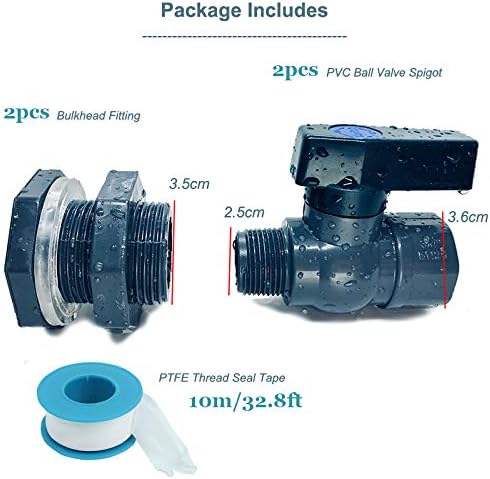 2 Pack PVC Spigot Garden Rain Barrel Faucet Kit 3/4 Inch Drain Valve with Bulkhead Fitting + Thread Seal Tape