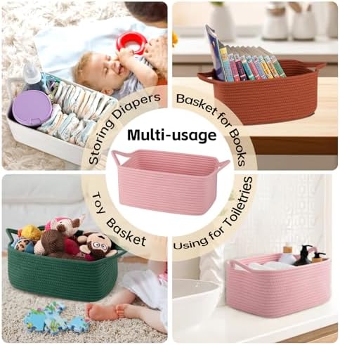 OIAHOMY Woven Basket, Gift Basket Empty with Gift Bags and Ribbons, Rope Baskets for Baby Showers, Storage Baskets with Handles for Nursery, Pet Toy Organizer - Pink