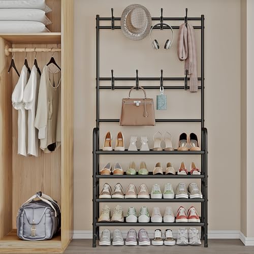 Coat Rack Shoe Rack With Storage Hooks Standing Organizer 4 Tier