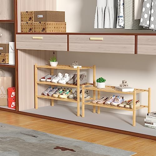 ROMGUAR CRAFT 3 Tier Bamboo Shoe Rack for Closet Free Standing Wood Shoe Shelf Storage Organizer for Entryway Small Space Stackable 27"x11"x20" (Natural) (Pack of 2)