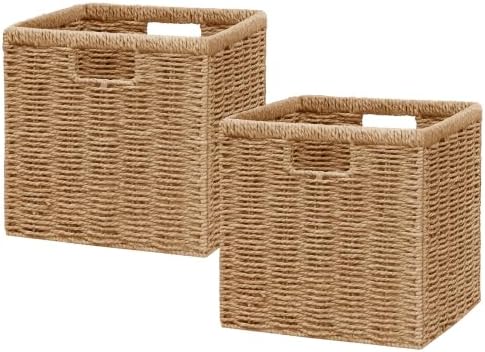 Vagusicc 9 inch Wicker Storage Cubes, Set of 2 Handwoven Wicker Baskets for Storage, Square Cube Organizer Bins, Foldable Paper Rope Storage Baskets for Organizing, Natural