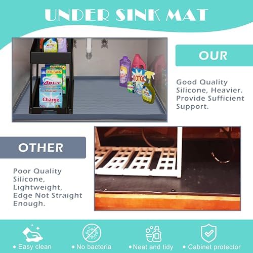 URMONA Waterproof Silicone Under Sink Mat 34'' x 22'' Shelf Liner for Kitchen and Bathroom, Cabinet and Counter Protector, Storage and Organizers, Litter Mat, Pet Cat Puppy Essentials(Beige)