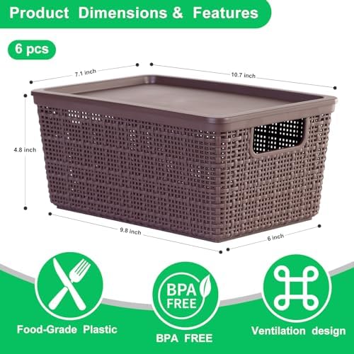 6 Pack Plastic Storage Baskets with Lid,Brown Stackable Bins
