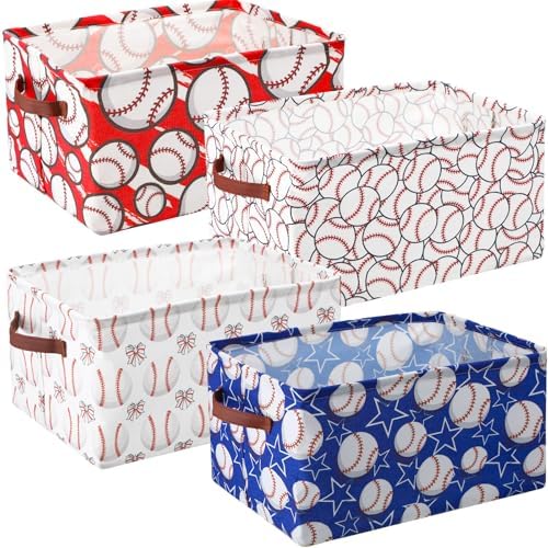 Boao 4 Pack Baseball Storage Baskets for Gifts Empty Collapsible Laundry Storage Bins with Handles Foldable Boxes for Home Bedroom Office Holiday Toy Clothes Containers