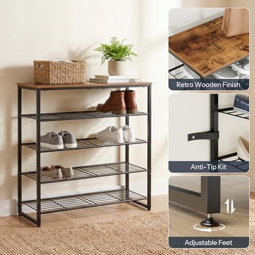 HOOBRO Shoe Rack, 5-Tier Narrow Shoe Organizer for Entryway, Holds 16-20 Pairs of Shoes, Metal Shoe Shelf with Removable Tier, Adjustable Feet, for Closet and Hallway, Rustic Brown and Black BF59XJ01