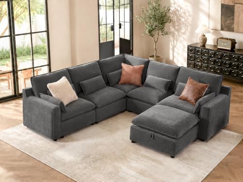 WorthFurni Modern Modular Sectional Sofa,105" V Shape Sectional Cloud Couch with Storage Ottoman,Comfty 6 Seat Sofa for Living Room,Grey Chenille