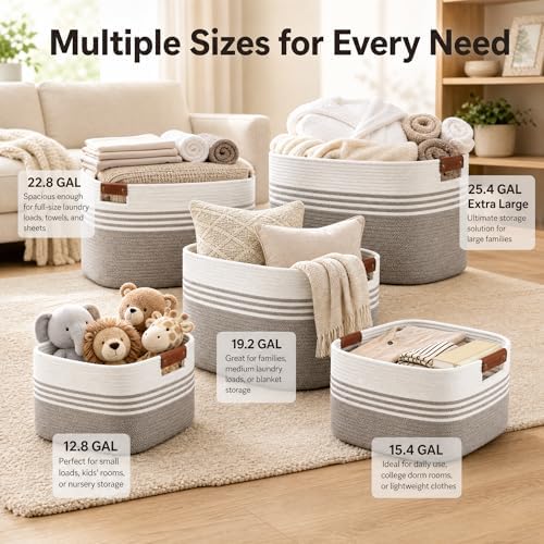 Cotton Rope Laundry Basket Extra Large, 25.4GAL Collapsible Woven Storage Baskets for Living Room Kids Toys Stuffed Animal,Boho Rectangular Decorative Hamper for Dirty Clothes, Blankets White Brown