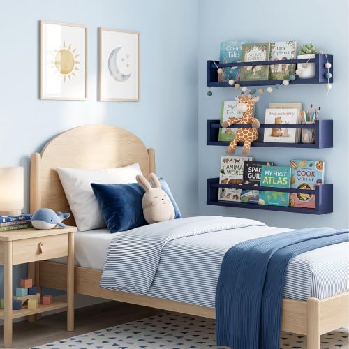 Fixwal Floating Nursery Book Shelves for Wall, 16.5in, Set of 3, Navy Blue | Solid wood shelves store kids' books, toys and clothing. Fits kids' room, playroom, nursery, living room, bedroom & bathroom.