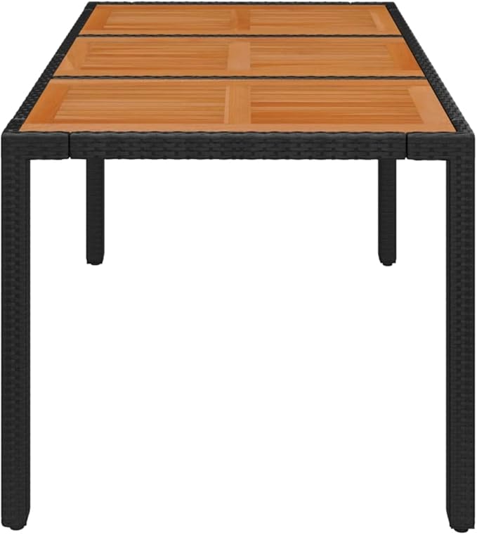 vidaXL Black Poly Rattan Patio Table with Acacia Wooden Top, Weather Outdoor Garden Furniture, Easy Assembly, Durable & Stable, Ideal for Patio, Garden & Outdoor Spaces, Size: 59.1"x35.4"x29.5"