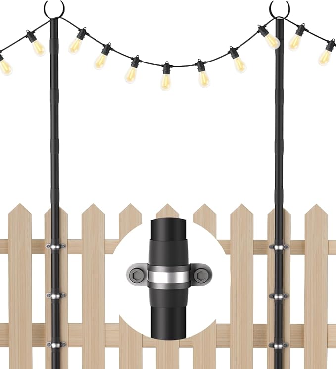 10Ft String Light Poles for Fence & Deck Railing, Outdoor Light Stand with Fence Brackets, Heavy-Duty Metal Poles for Backyard, Garden & Patio Party Lighting, Rustproof & Adjustable